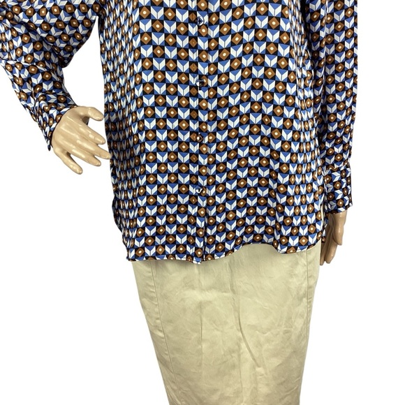ZARA Geometric Print Button Down Blouse Blue Brown Small - Picture 3 of 7